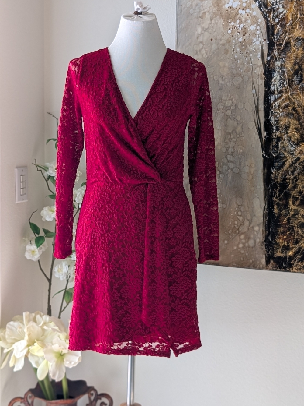 Abercrombie & Fitch Burgundy Lace Wrap Dress - Long Sleeve